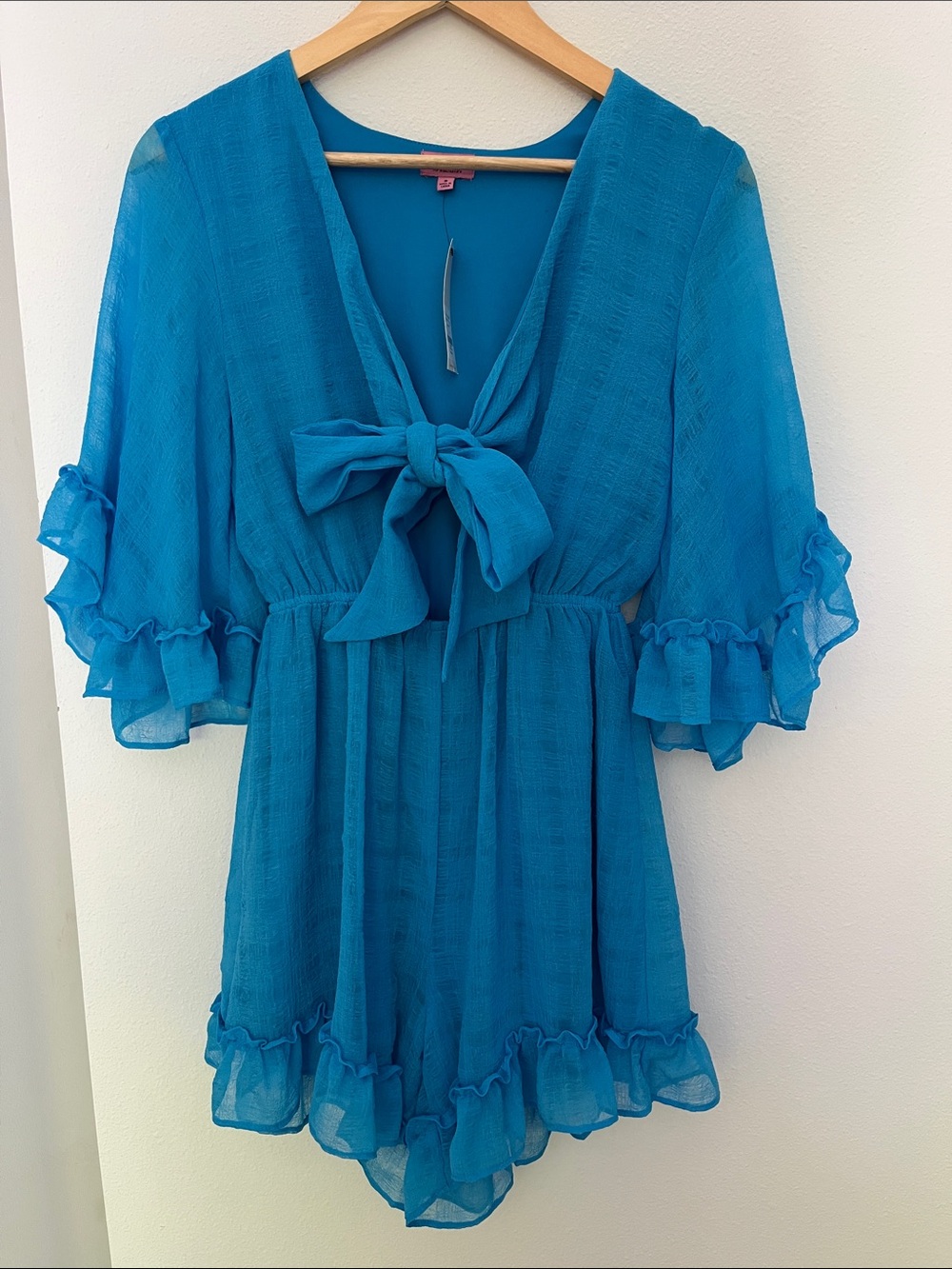 Teal Blue Tie-Front Ruffle Romper - Women